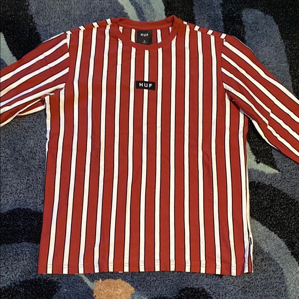 HUF Red and White Long Sleeve Tee with Vertical Stripes